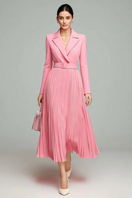 Pink A Line Pleated Long Sleeves Midi Blazer Dress with Belt