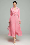 Pink A Line Pleated Long Sleeves Midi Blazer Dress with Belt
