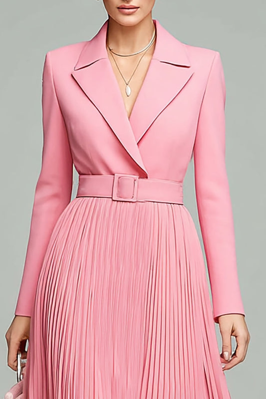 Pink A Line Pleated Long Sleeves Midi Blazer Dress with Belt