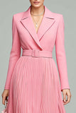 Pink A Line Pleated Long Sleeves Midi Blazer Dress with Belt