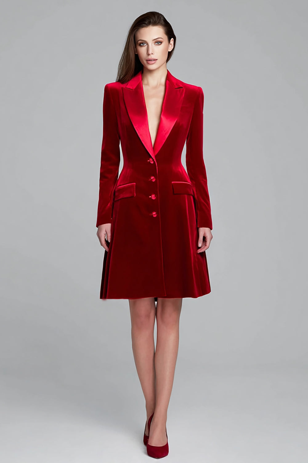 Burgundy Single Breasted Short Velvet Blazer Dress with Sleeves
