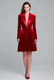 Burgundy Single Breasted Short Velvet Blazer Dress with Sleeves