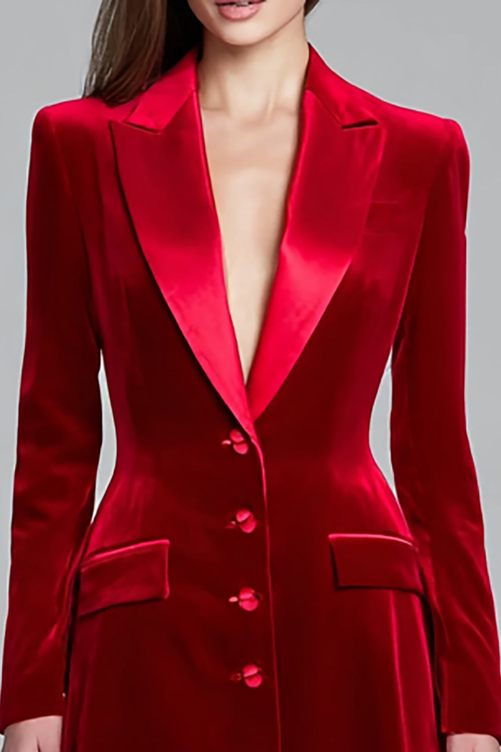 Burgundy Single Breasted Short Velvet Blazer Dress with Sleeves