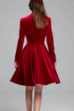 Burgundy Single Breasted Short Velvet Blazer Dress with Sleeves