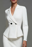 Ivory Ruffled Satin Notched Lapel Midi Blazer Dress with Sleeves