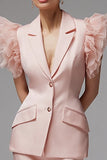Pink 2 Piece Bodycon Notched Lapel Short Business Suits with Ruffles