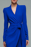 Simple Royal Blue V-Neck Bodycon Short Work Dress with Sash
