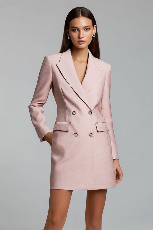 Pink Peak Lapel Pencil Double Breasted Short Blazer Dress with Sleeves