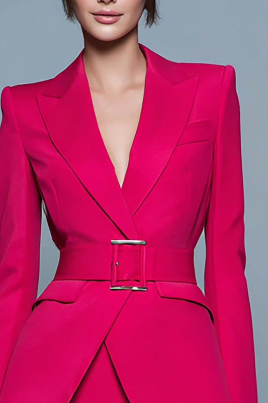 2 Piece Fuchsia Satin Peak Lapel Short Pencil Business Suits with Belt