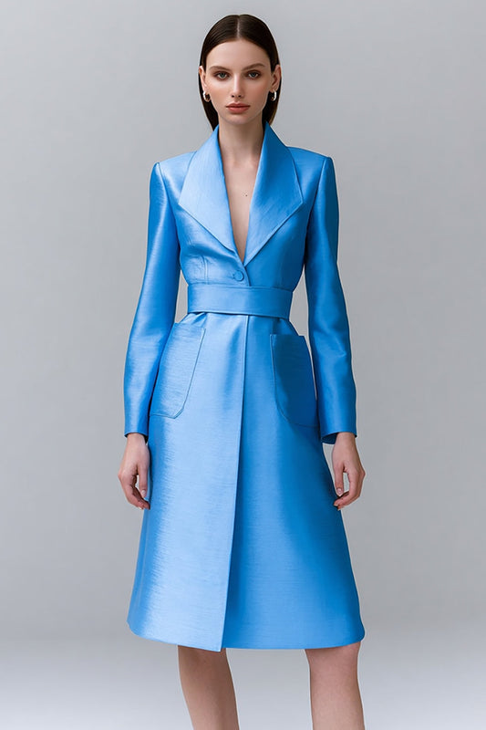 Blue Satin A Line Long Sleeves Midi Blazer Dress