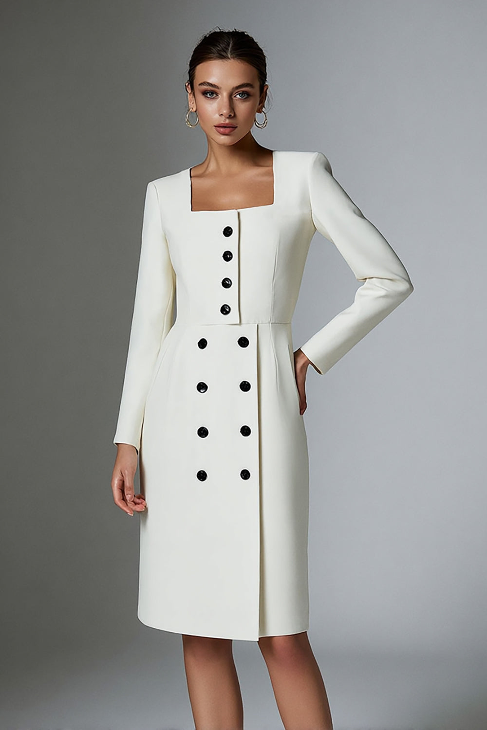 Ivory Satin Double Breasted Short Pencil Blazer Dress with Sleeves