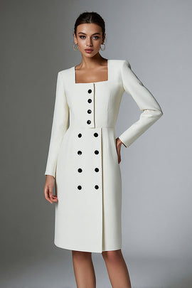 Ivory Satin Double Breasted Short Pencil Blazer Dress with Sleeves