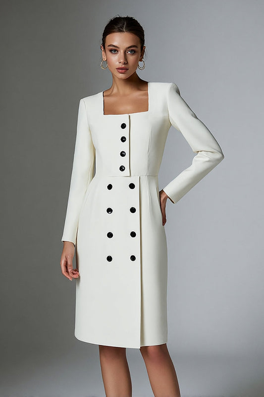 Ivory Satin Double Breasted Short Pencil Blazer Dress with Sleeves