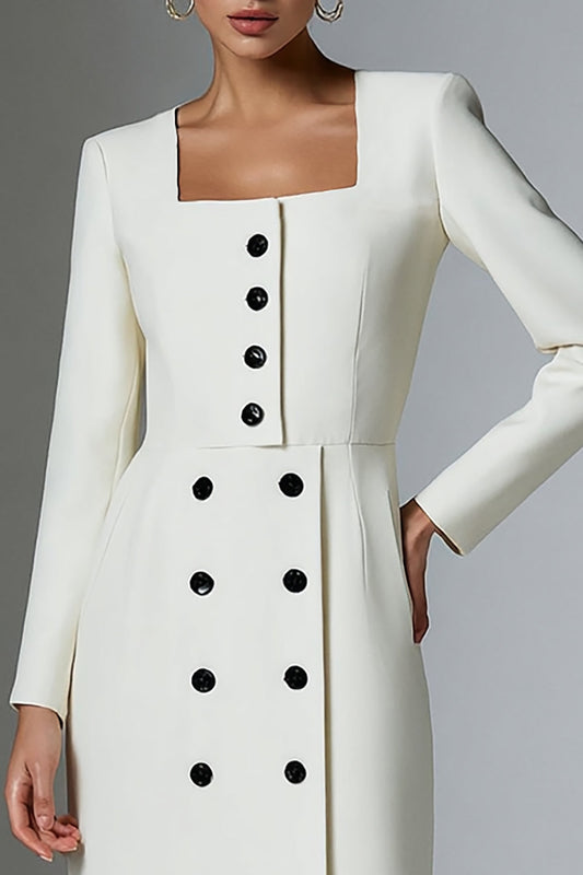 Ivory Satin Double Breasted Short Pencil Blazer Dress with Sleeves