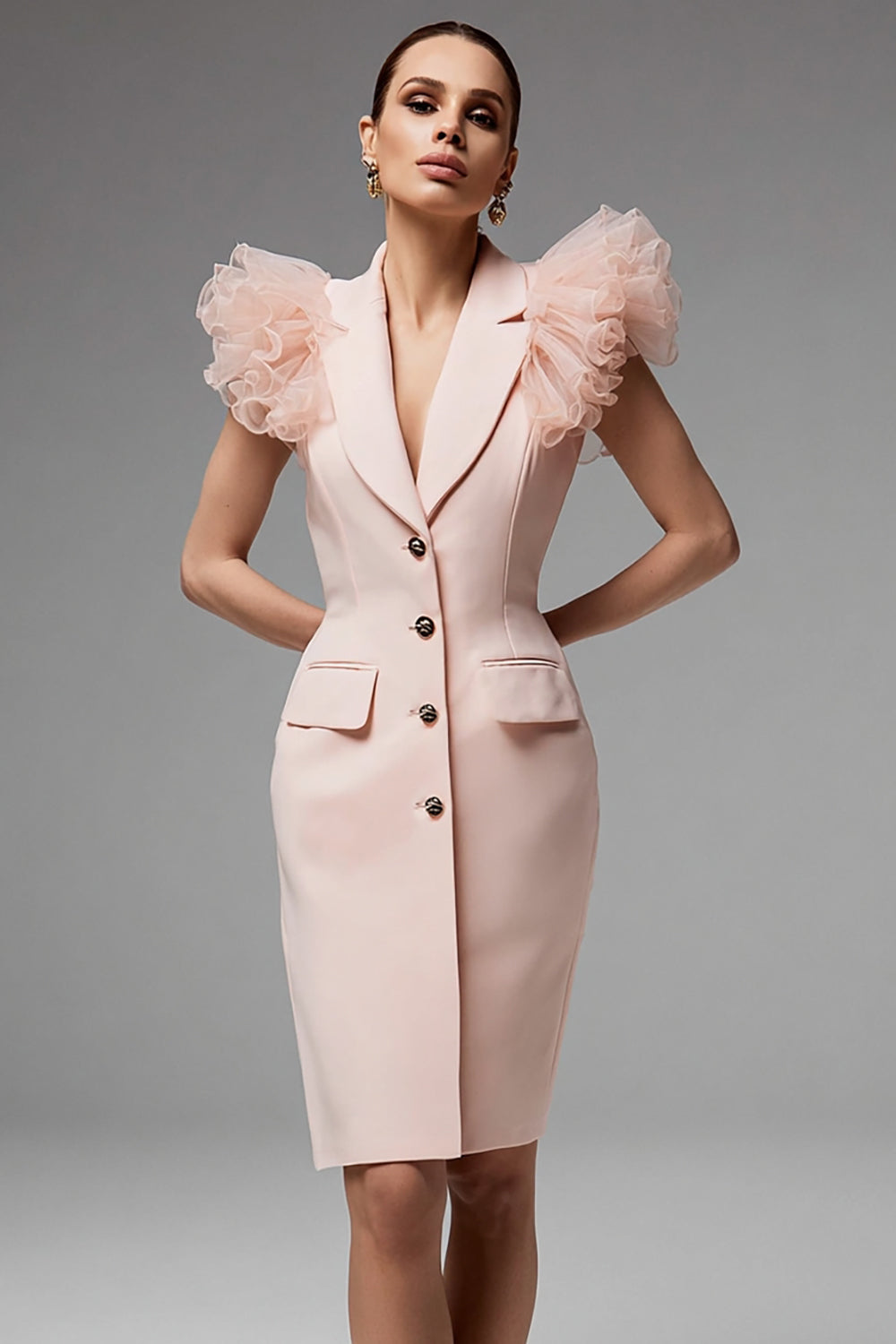 Pink Single Breasted Pencil Satin Short Blazer Dress with Ruffles