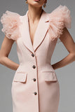 Pink Single Breasted Pencil Satin Short Blazer Dress with Ruffles