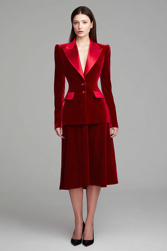 Burgundy Peak Lapel 2 Piece Velvet Midi Business Suits with Sleeves