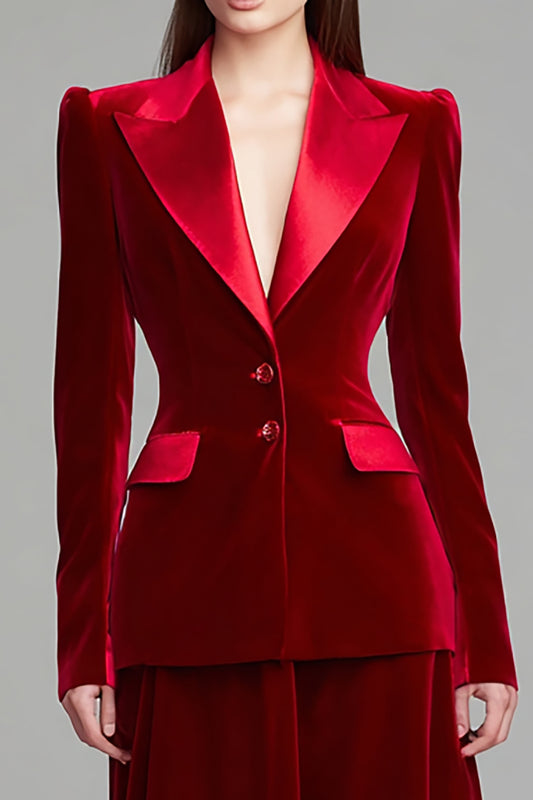 Burgundy Peak Lapel 2 Piece Velvet Midi Business Suits with Sleeves