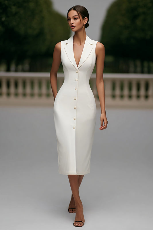 Ivory Notched Lapel Single Breasted Satin Midi Blazer Dress with Pockets