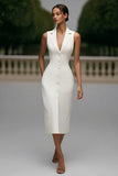 Ivory Notched Lapel Single Breasted Satin Midi Blazer Dress with Pockets