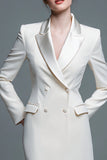 Ivory Satin Peak Lapel Double Breasted Short Blazer Dress with Sleeves