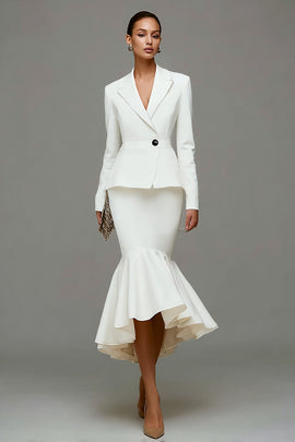 Ivory Satin Notched Lapel 2 Piece Midi Business Suits with Ruffles
