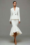 Ivory Satin Notched Lapel 2 Piece Midi Business Suits with Ruffles