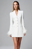 Ivory Notched Lapel Long Sleeves Short Blazer Dress with Feathers