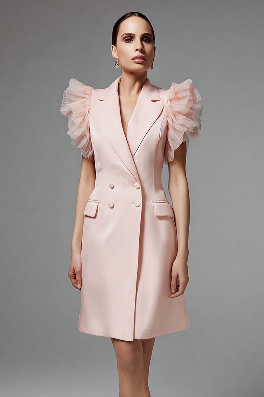 Pink Double Breasted Notched Lapel Short Blazer Dress with Ruffles