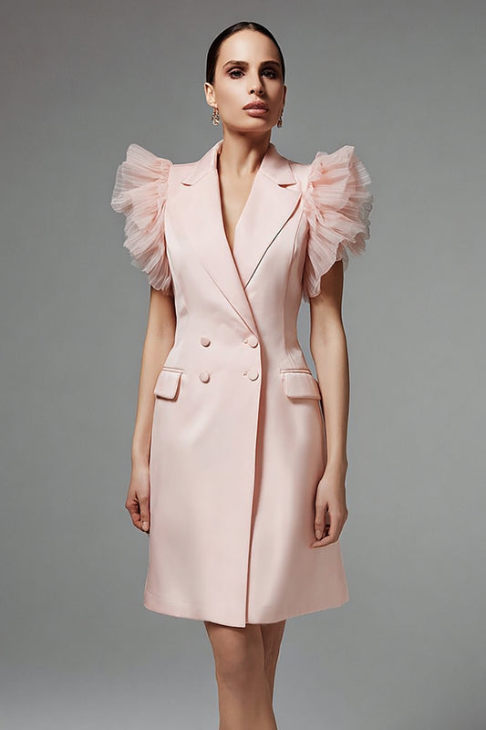 Pink Double Breasted Notched Lapel Short Blazer Dress with Ruffles