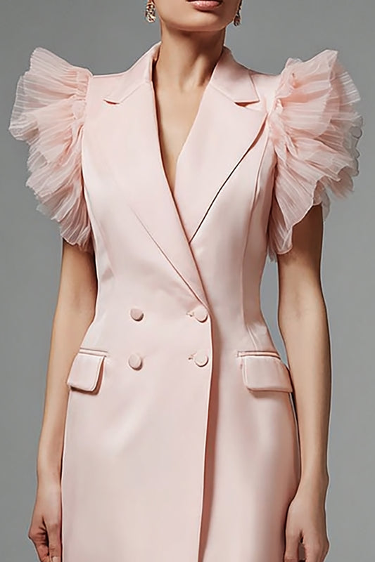 Pink Double Breasted Notched Lapel Short Blazer Dress with Ruffles