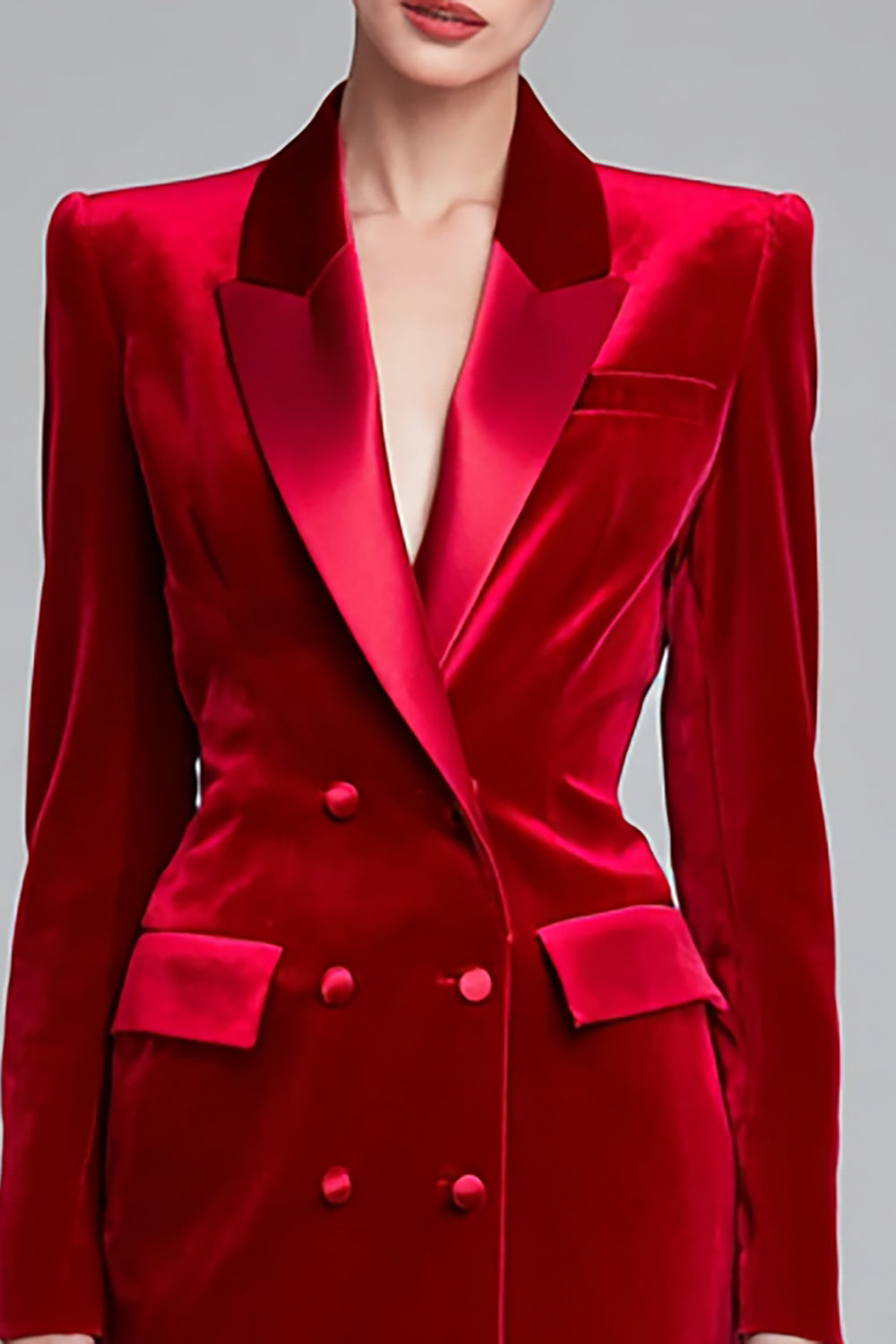 Red Peak Lapel Bodycon Velvet Double Breasted Short Blazer Dress with Sleeves