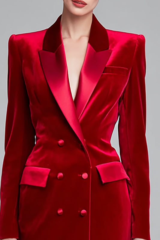 Red Peak Lapel Bodycon Velvet Double Breasted Short Blazer Dress with Sleeves