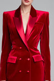 Red Peak Lapel Bodycon Velvet Double Breasted Short Blazer Dress with Sleeves
