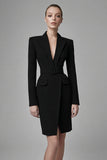 Simple Black Long Sleeves Bodycon Short Blazer Dress with Belts
