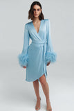 Sky Blue V-Neck Long Sleeves Short Work Dress with Feathers