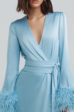 Sky Blue V-Neck Long Sleeves Short Work Dress with Feathers