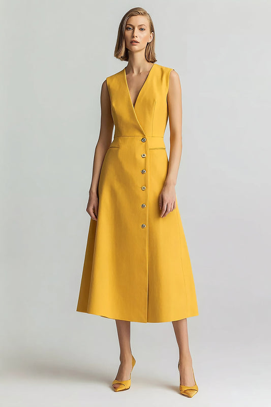 Yellow V-Neck Single Breasted A Line Midi Blazer Dress