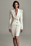 Sparkly Ivory Shawl Lapel Satin Short Blazer Dress with Sleeves