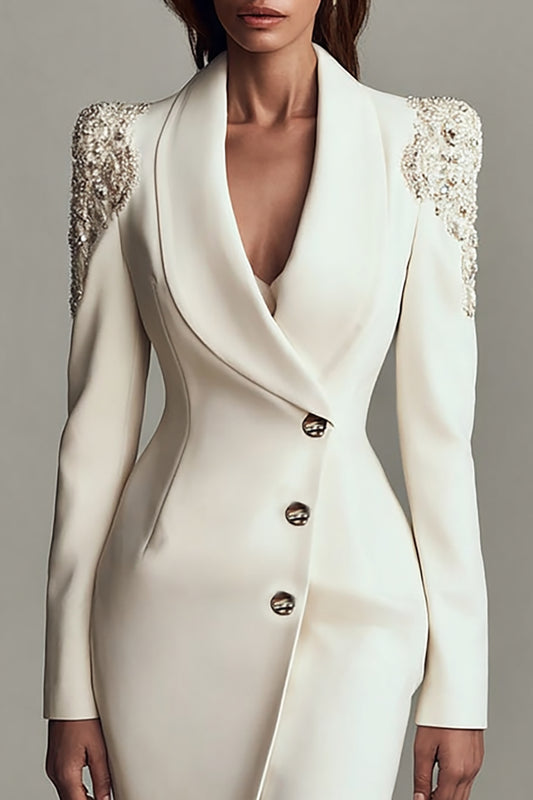 Sparkly Ivory Shawl Lapel Satin Short Blazer Dress with Sleeves