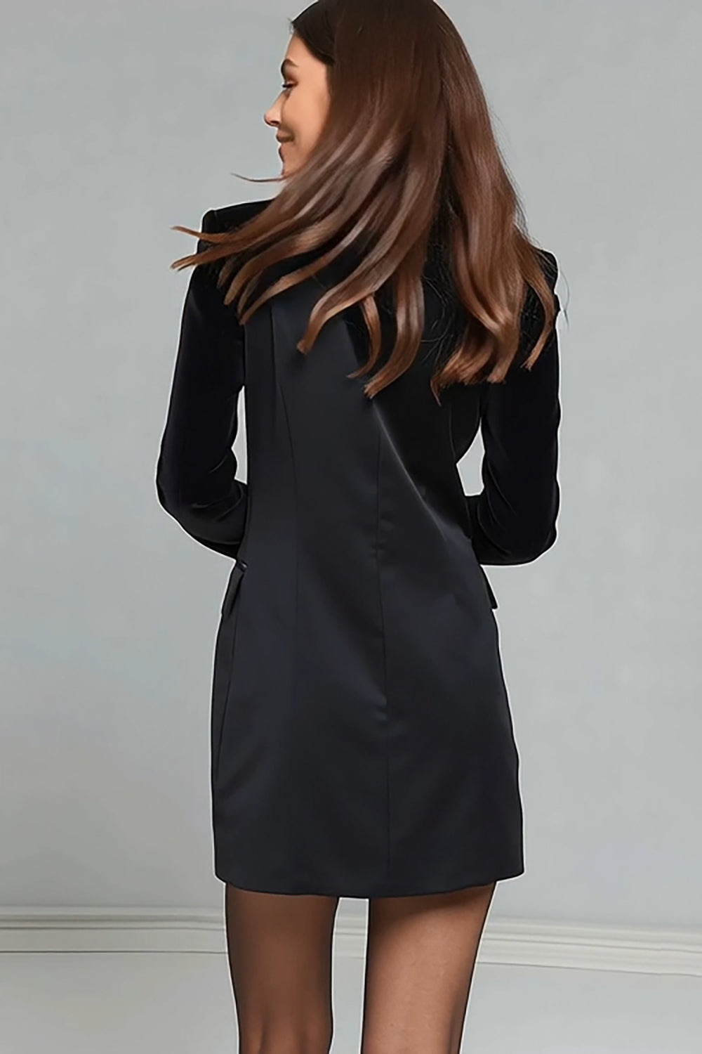 Black Satin Long Sleeves Peak Lapel Short Blazer Dress