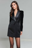 Black Satin Long Sleeves Peak Lapel Short Blazer Dress