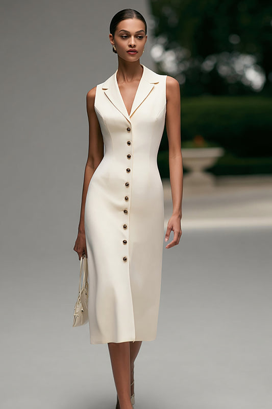 Ivory Notched Lapel Pencil Midi Single Breasted Blazer Dress