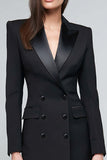 Black Satin Peak Lapel Pencil Short Blazer Dress with Sleeves