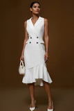 Ivory Notched Lapel Midi Pencil Blazer Dress with Ruffles