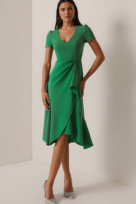 Green Ruched Ruffled Pencil Midi Work Dress with Sleeves