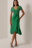 Green Ruched Ruffled Pencil Midi Work Dress with Sleeves