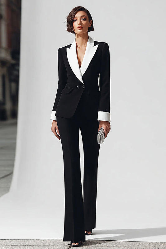Black Peak Lapel Flare Leg 2 Piece Business Suits with Sleeves
