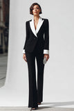 Black Peak Lapel Flare Leg 2 Piece Business Suits with Sleeves
