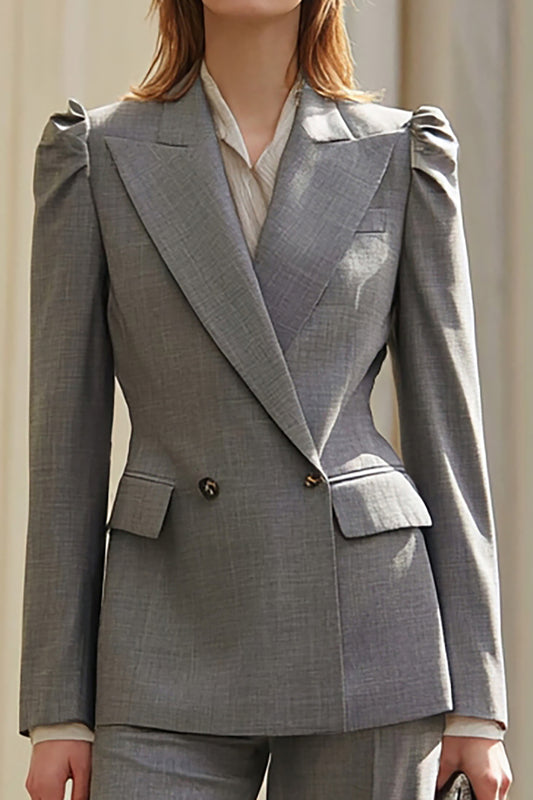 Grey 2 Piece Double Breasted Peak Lapel Business Suits with Sleeves